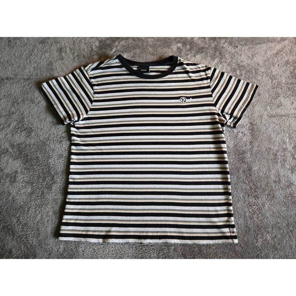 HUF Striped T-Shirt Mens Size Medium Black Grey Tan Excellent Embroidered Logo